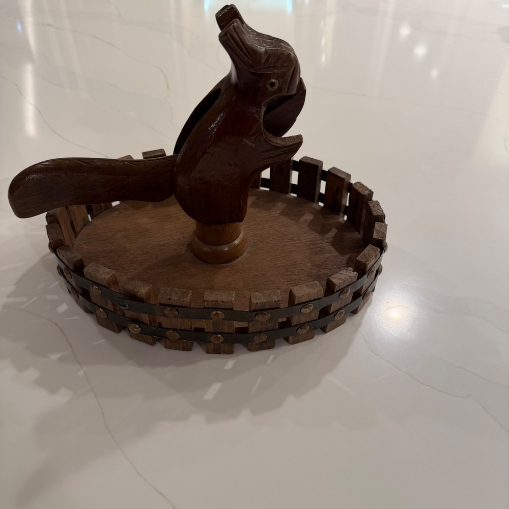 Vintage‎ Hand Carved Wooden Squirrel Nutcracker with Rustic Picket Fence Bowl